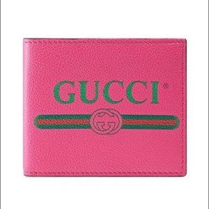 GUCCI Logo Print GG Interlock Web Detail Stripe Pink Leather Bifold Wallet NEW